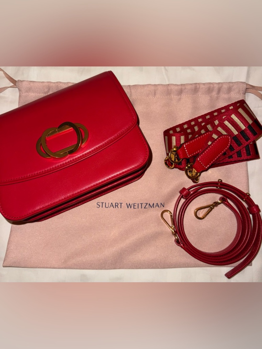 Stuart Weitzman Adelina Vibrant Red Leather Flap Crossbody with Gold Accent